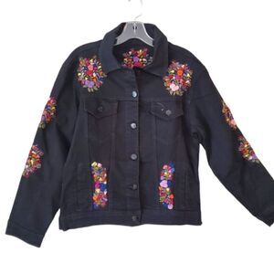 Women's Embroidered Denim Jacket Black Size Medium Western Art‎ To Wear